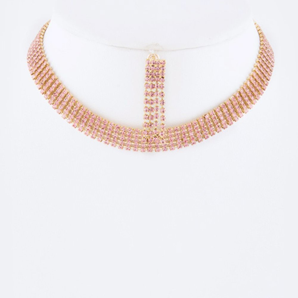 5 Row Color Crystal Rhinestone Choker Set - Gold/Pink